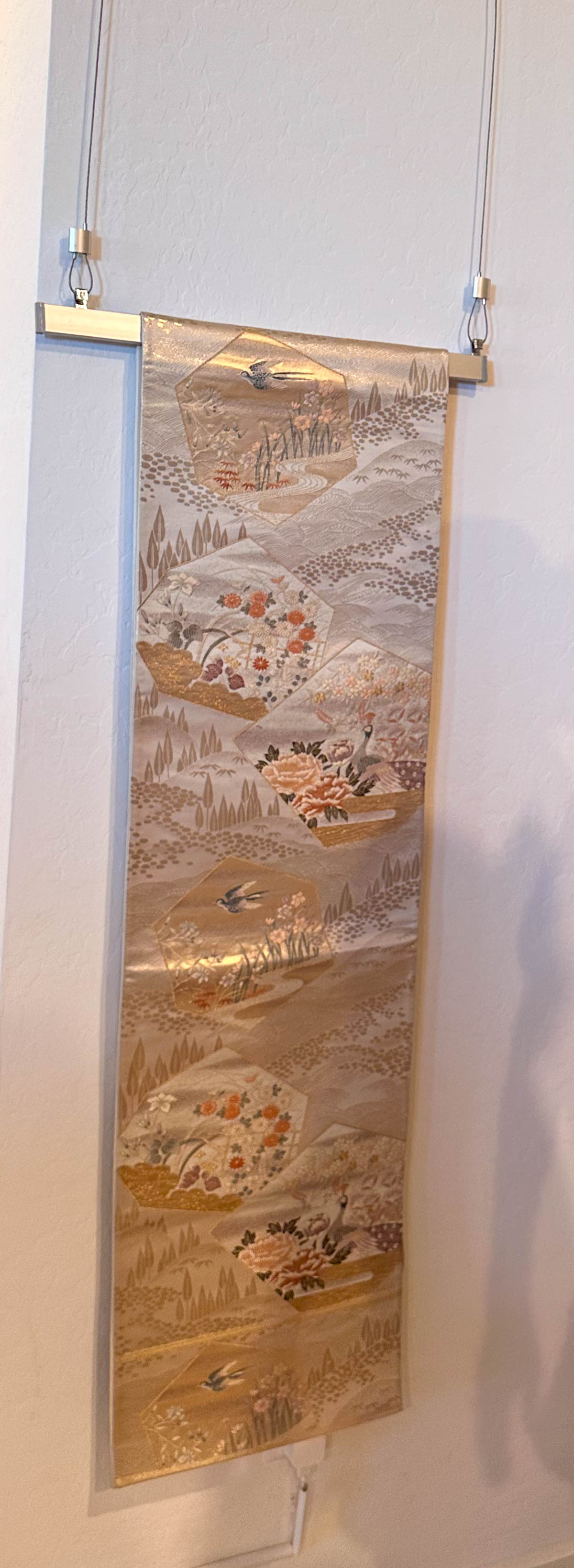 Japanese Kimono Obi Tapestry Wall Hanging System in Luxury Interior Design. Home Decoration with SilkCrane.com