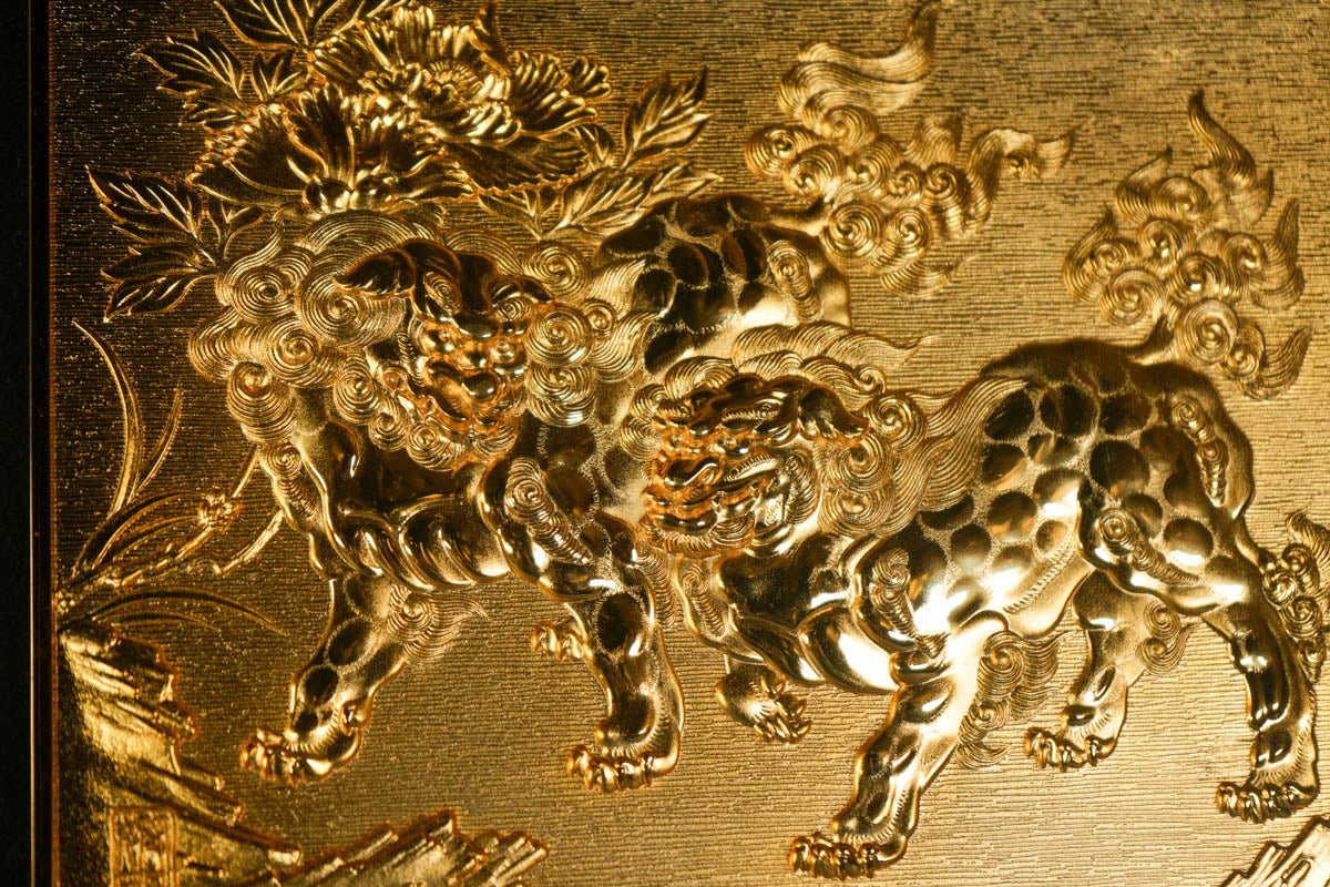 Explore the charm of this 24K Gold plated Japanese National Treasure Wall Art with two Oriental Lions inspired by 'Kara Shishi-zu Byobu.' Enhance your Room Decor with the spiritual presence of Oriental Lions, perfect for Home Decor enthusiasts and Interior Design aficionados