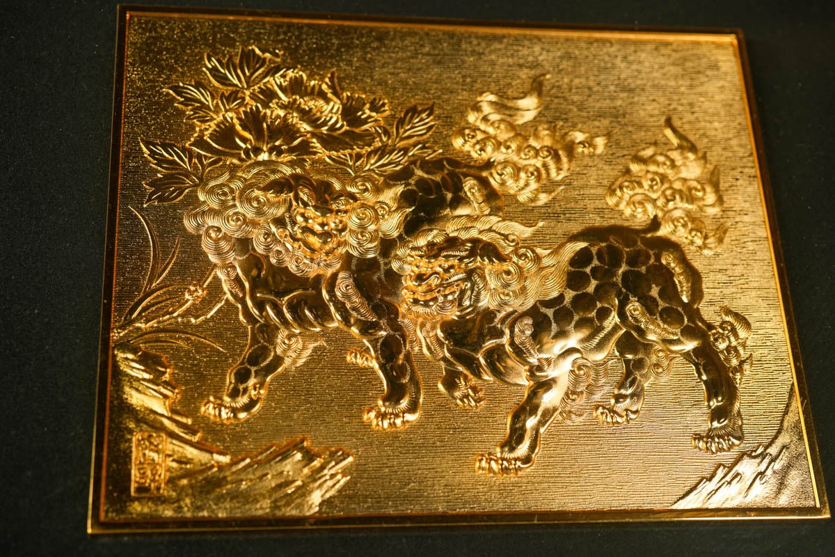 Home Decor Golden Wall Art - 24K Gold plated Framed 2 Lions from Japanese National Treasure Kano Interior Design