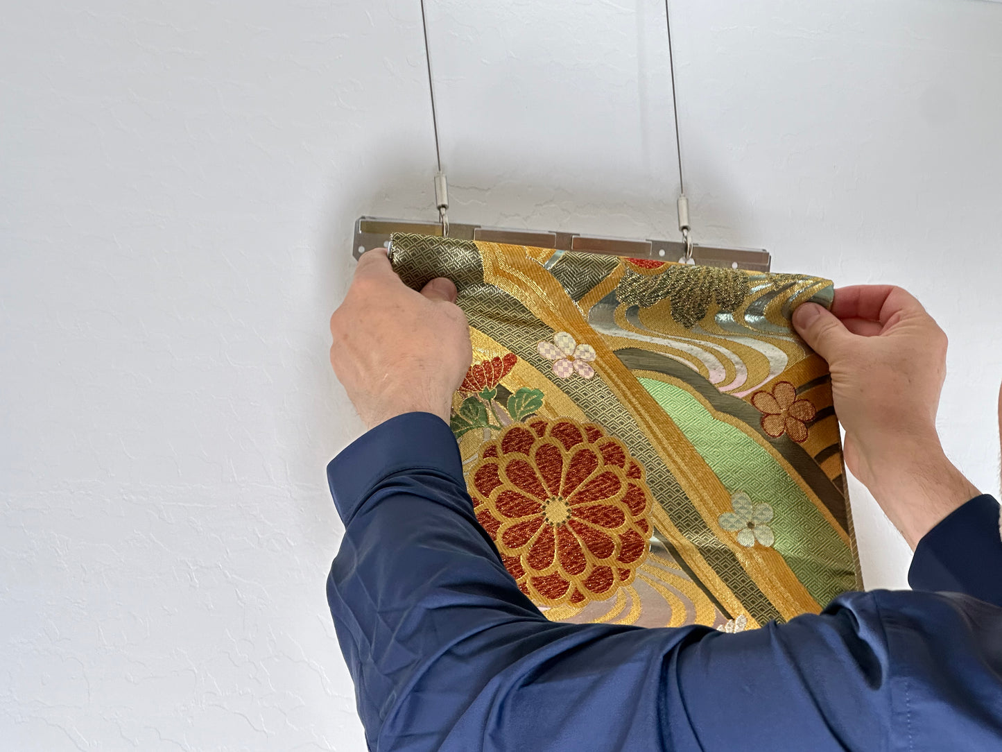 Wall Hanging System, Canvas Wall Art, No damage to Art, Home Decoration, Interior Design, Vintage Japanese Kimono Obi Tapestry. Buy now at SilkCrane.com