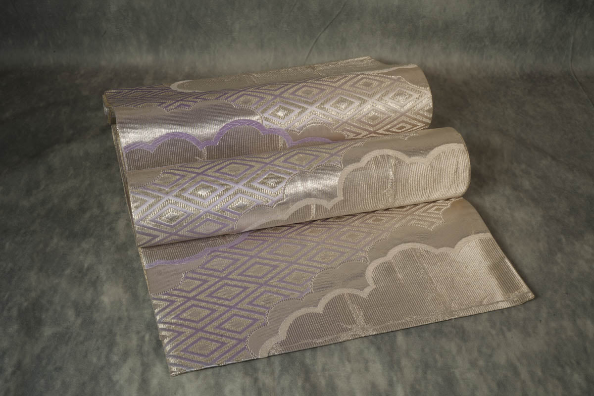 One-of-a-kind Japanese obi wall art in silver and purple, a vintage silk tapestry for home decor, Japanese art lovers, and gifts.