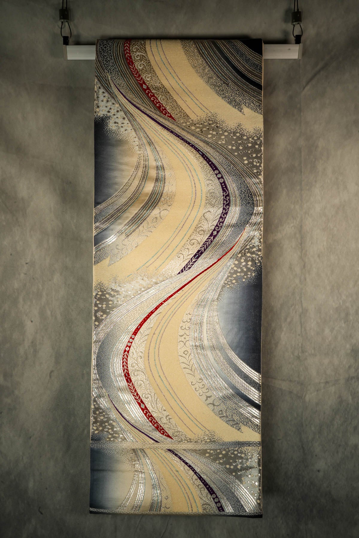 Contemporary Silver River Flow - - Wall Art, Large Wall Hanging Art, Home Decor, Japanese Kimono Obi Tapestry