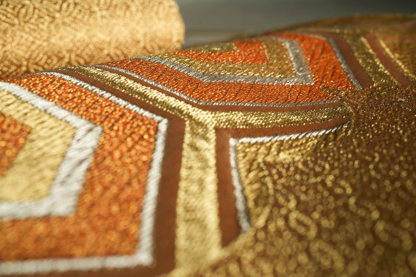 Gold Framed Orange and Green Hexagons in Gold - Wall Art Large Wall Hanging Art for Home Decor, Japanese Kimono Obi Tapestry