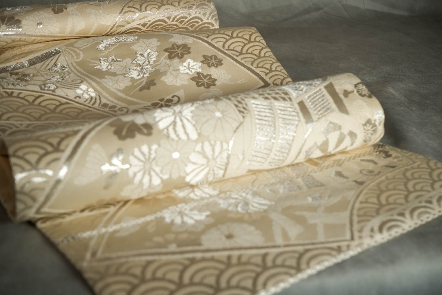 Shiny Waves and flowers in Ivory - Wall Art, Large Wall Hanging Art, Home Decor, Japanese Kimono Obi Tapestry