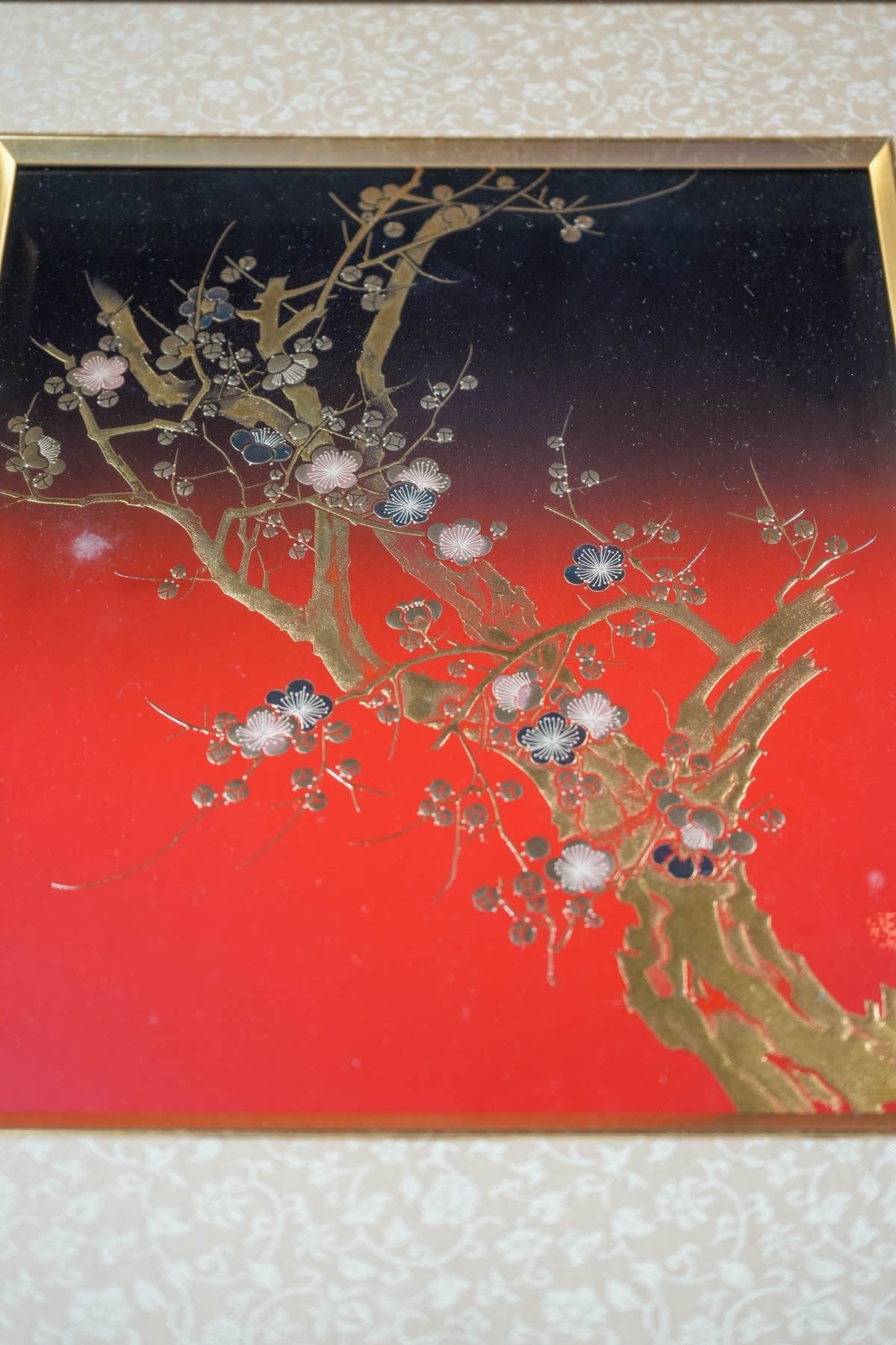 Home Decor: Collectible Vintage Japan's Framed Wall Art - Golden Shiny Plum Tree Japanese Art