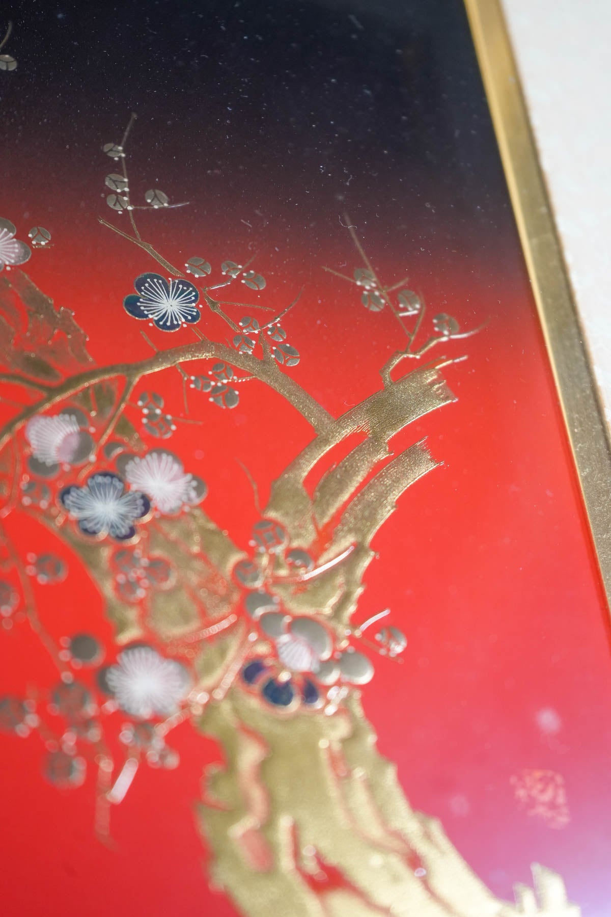Home Decor: Collectible Vintage Japan's Framed Wall Art - Golden Shiny Plum Tree Japanese Art
