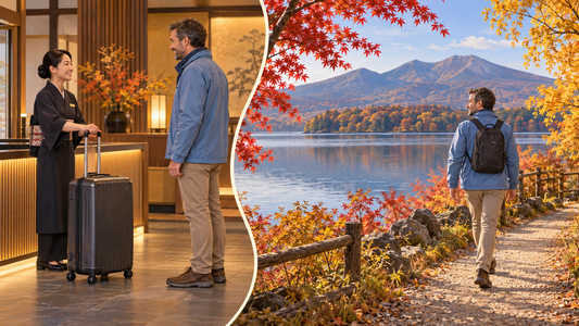 Lake Akan: a traveler hands his suitcase to the hotel front desk, then walks the autumn lakeshore.