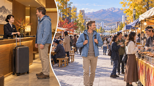 Asahikawa autumn food festival: a traveler walks between food stalls with only a backpack after sending his suitcase.
