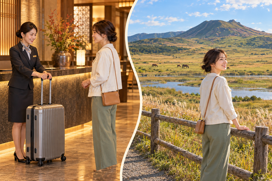 Kusasenri visit: hotel staff take the suitcase before the traveler enjoys Aso’s grassland and pond scenery with a small shoulder bag.