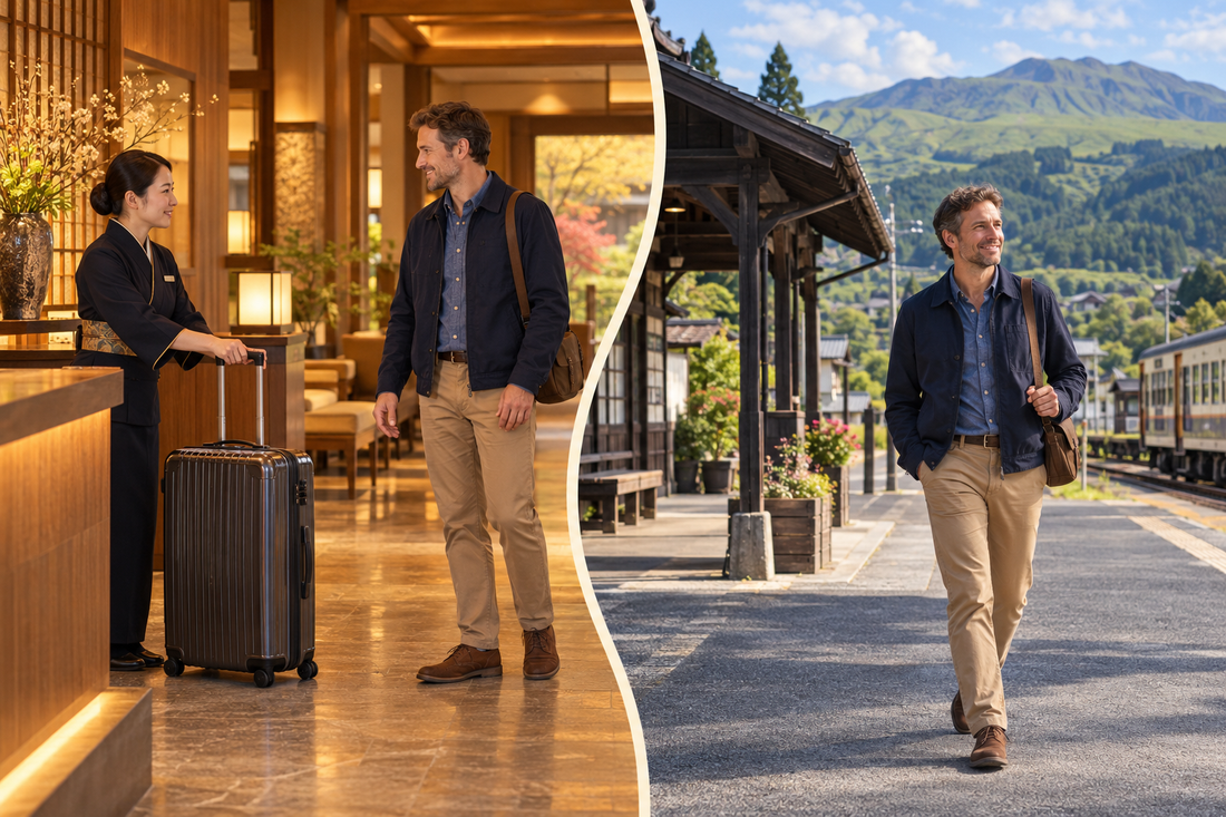 Aso Station journey: hotel staff take the suitcase before the traveler walks through a rural station with a small shoulder bag.