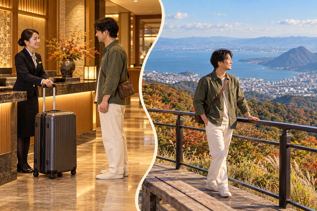 Beppu Ropeway visit: hotel staff take the suitcase before the traveler enjoys Mount Tsurumi’s bay views with a small shoulder bag.