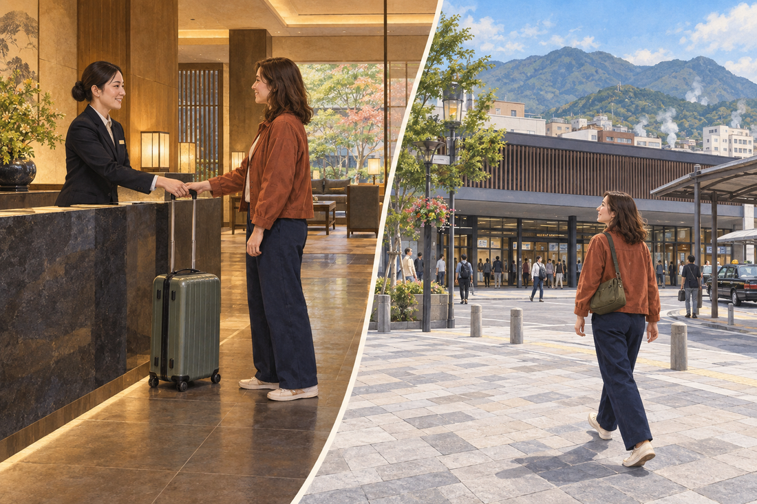 Beppu Station luggage storage: send your suitcase from the hotel and approach the station with a smaller bag.
