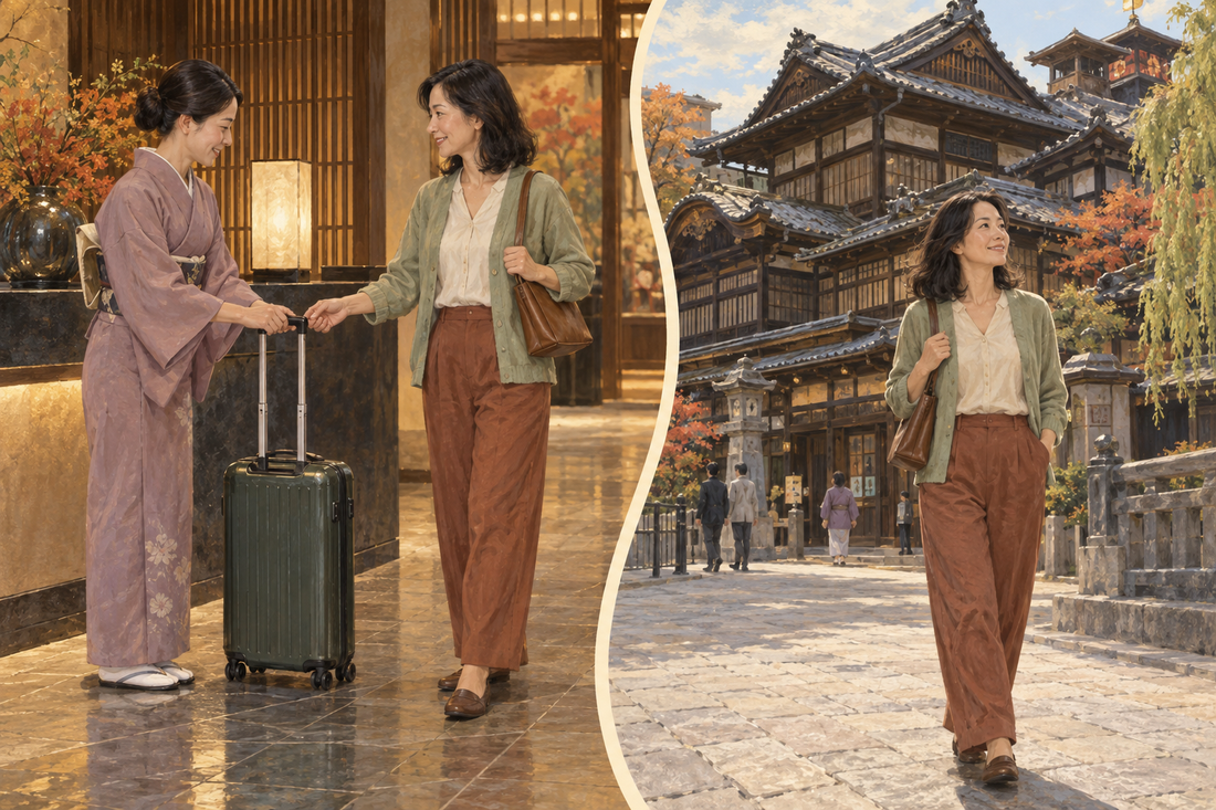 Dogo Onsen luggage storage: send your suitcase from the hotel and enjoy the bathhouse streets with a small shoulder bag.