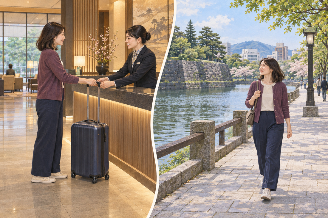 Fukui luggage storage: send the spare suitcase from your hotel and enjoy a city walk beside the moat with a small bag.