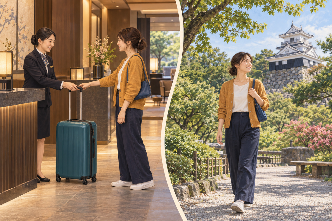 Hamamatsu luggage storage: send the extra suitcase from your hotel and enjoy a castle-park walk with a small shoulder bag.