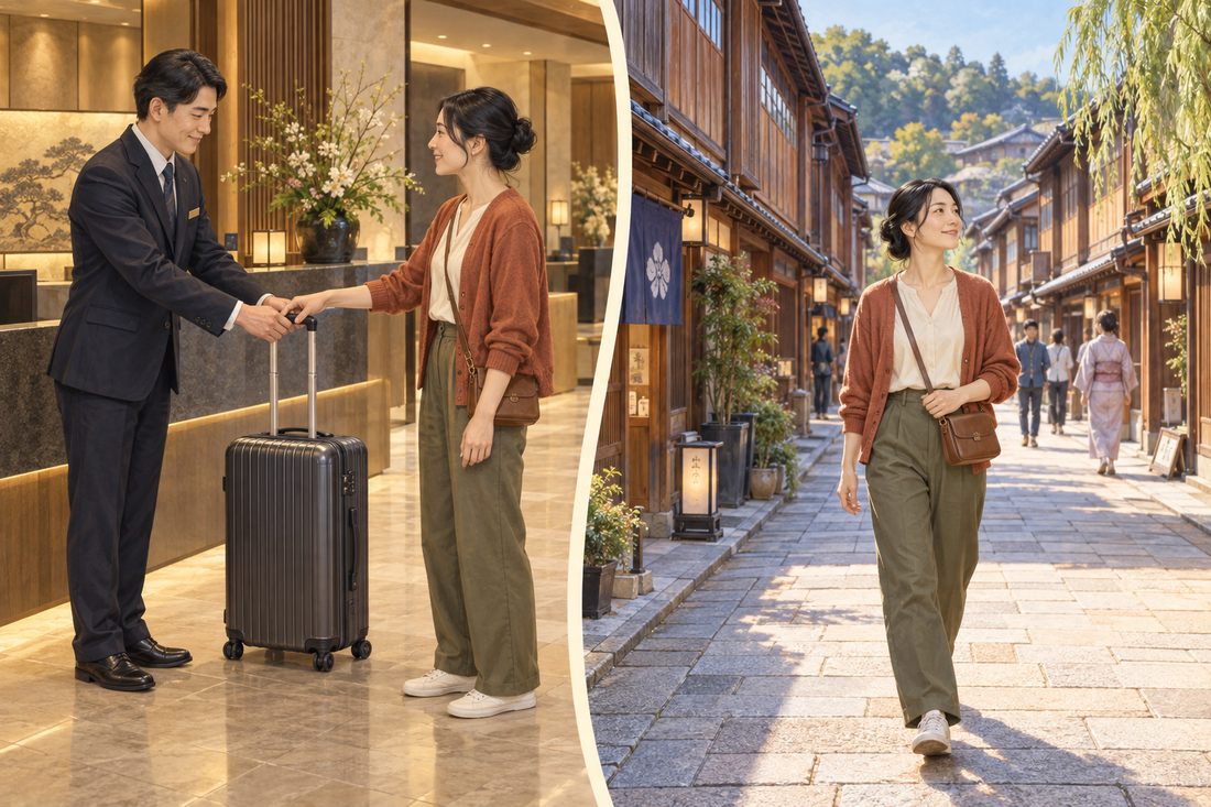 Higashi Chaya luggage storage: send the suitcase from your hotel and browse Kanazawa’s historic streets with a small shoulder bag.