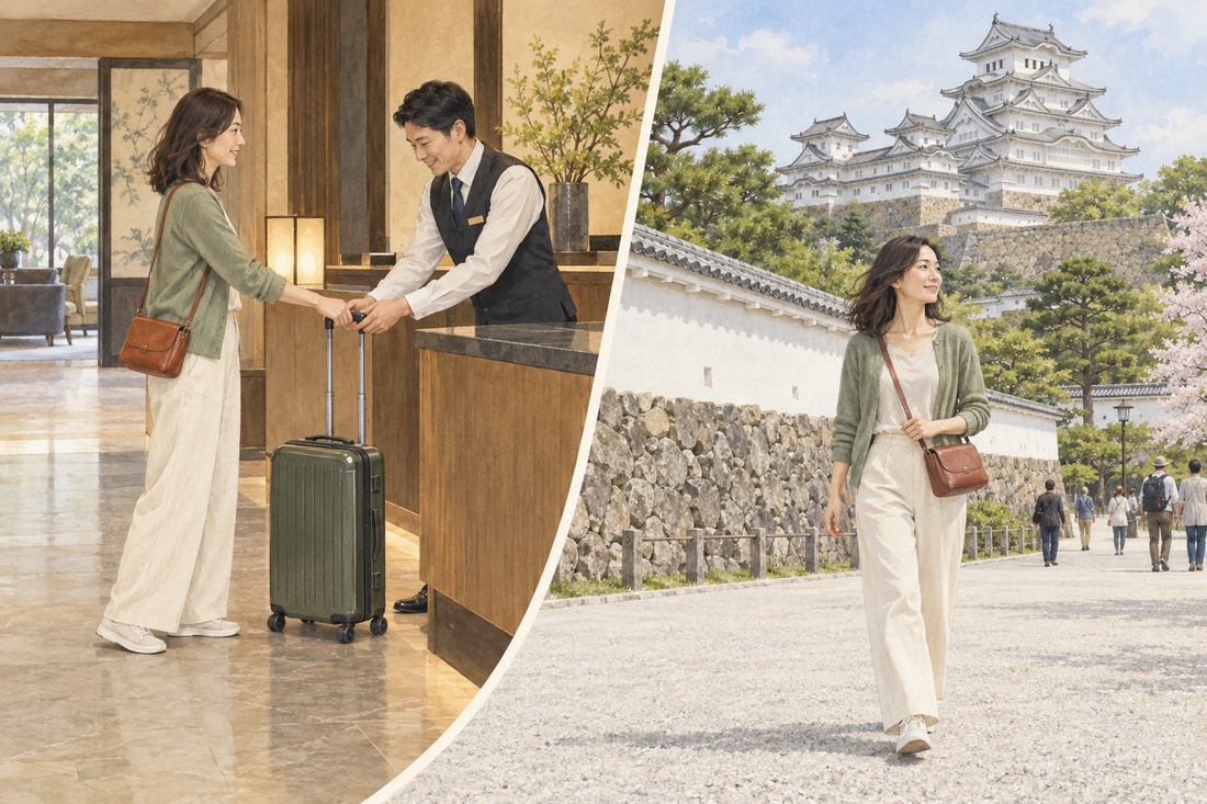 Himeji Castle luggage storage: send your suitcase from the hotel and enjoy the castle approach with a small shoulder bag.