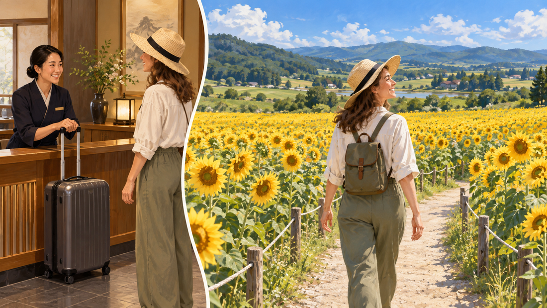 Hokuryu Sunflower Festival: send your suitcase from the hotel and enjoy the flower-field paths.