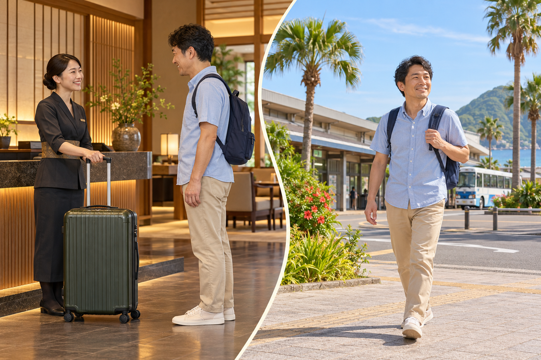 Ibusuki Station arrival: send the suitcase from your hotel and begin the coastal stay with a small daypack.
