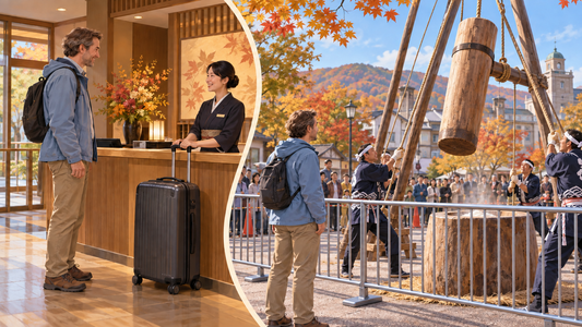 Iwamizawa Hyappei festival: a traveler with a small backpack watches giant-pestle mochi pounding.