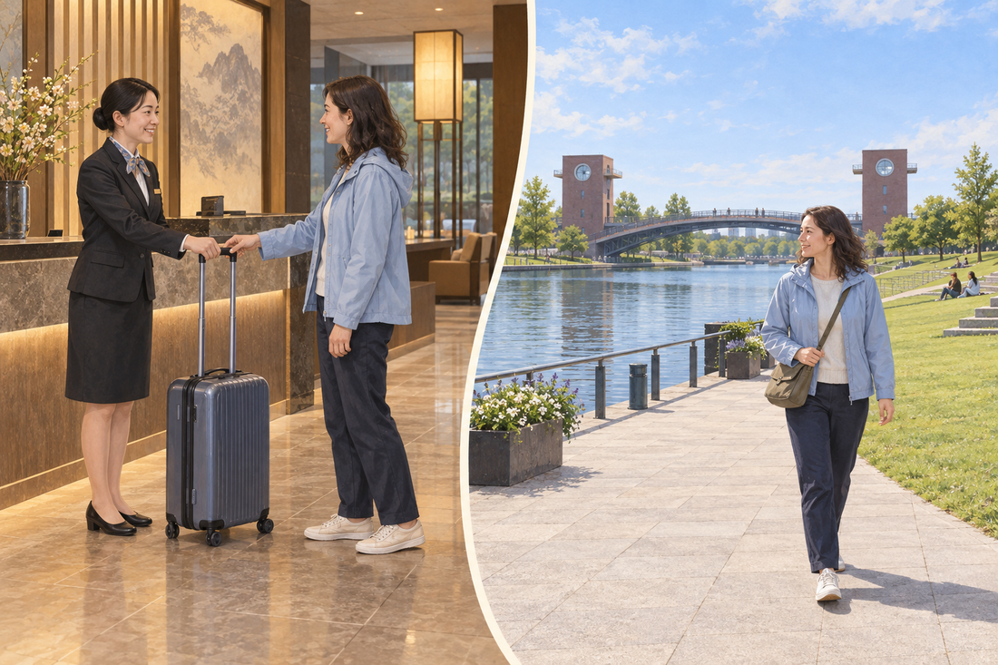 Kansui Park luggage storage: send your suitcase from the hotel and enjoy the waterside walk with a small bag.