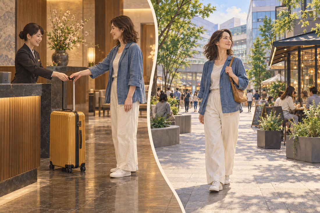 Kawasaki luggage storage: send your suitcase from the hotel and enjoy city shops and cafés with a small shoulder bag.