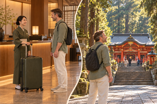Kirishima Jingu visit: hotel staff take the suitcase before the traveler enjoys the cedar-lined shrine approach with a small daypack.