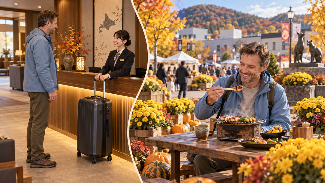 Illustration: a traveller sends a suitcase from a hotel front desk, then is shown enjoying grilled food beside seasonal flower displays.