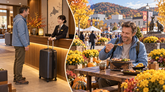 Kitami autumn festival: grilled skewers among chrysanthemums and pumpkins, after sending the suitcase from the hotel.