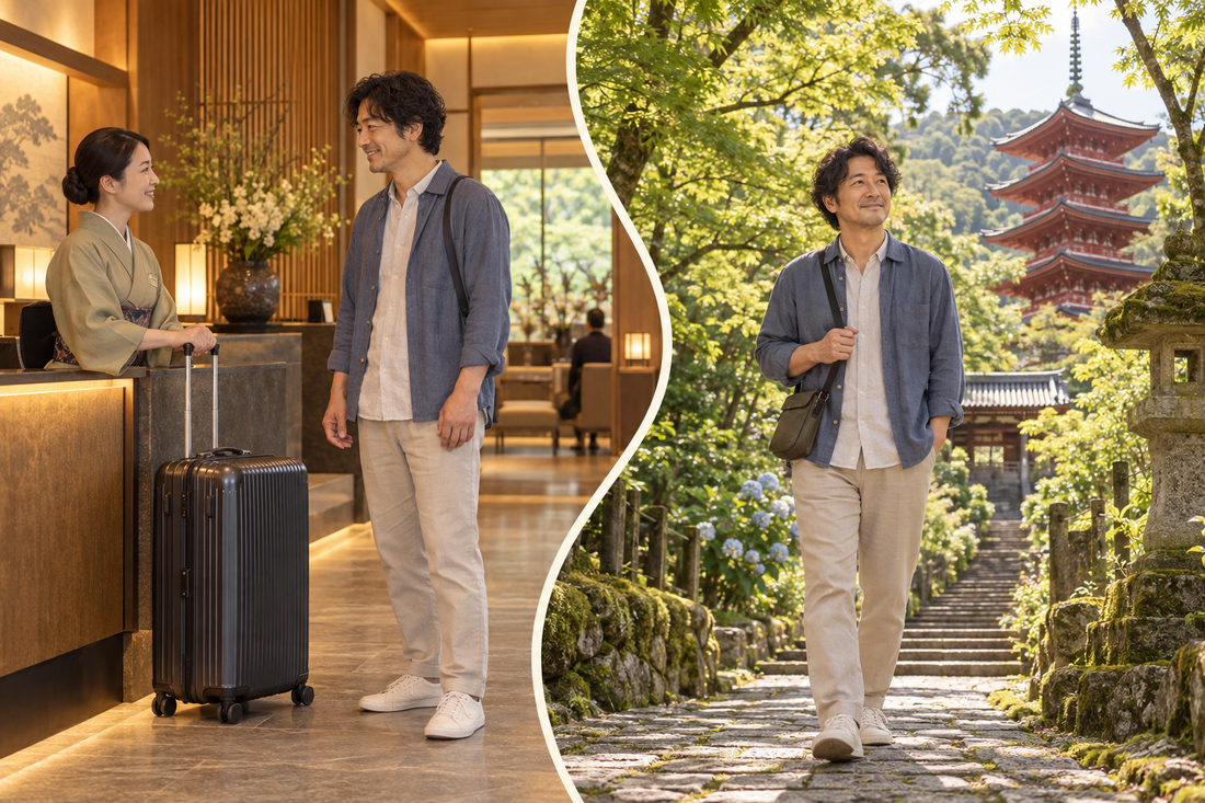 Chikurinji visit: hotel staff take the suitcase before the traveler explores leafy temple grounds with a small shoulder bag.
