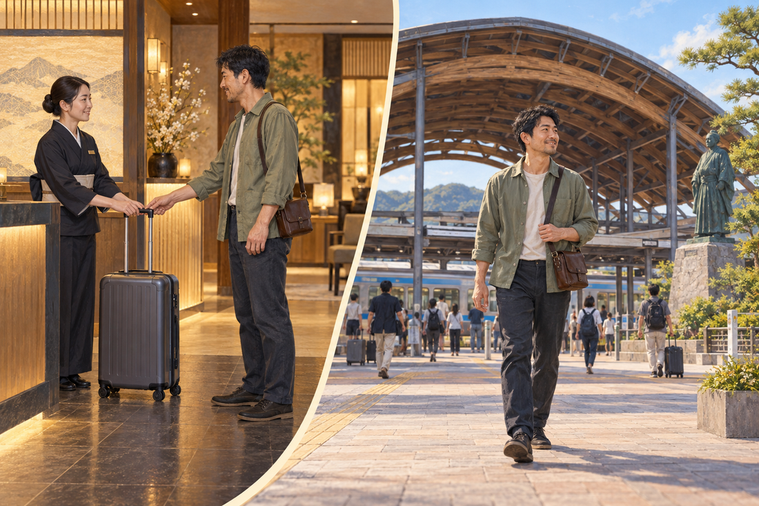 Kochi Station luggage storage: a hotel suitcase handoff followed by a lighter station arrival with a small satchel.