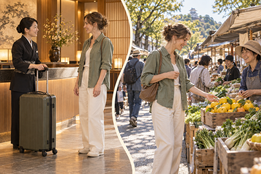 Kochi Sunday Market visit: hotel staff take the suitcase before the traveler browses outdoor produce stalls with a small shoulder bag.