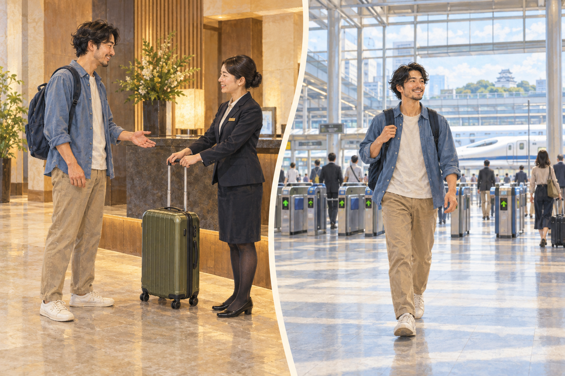Kokura Station luggage storage: send the suitcase from your hotel and continue through the station with a small backpack.