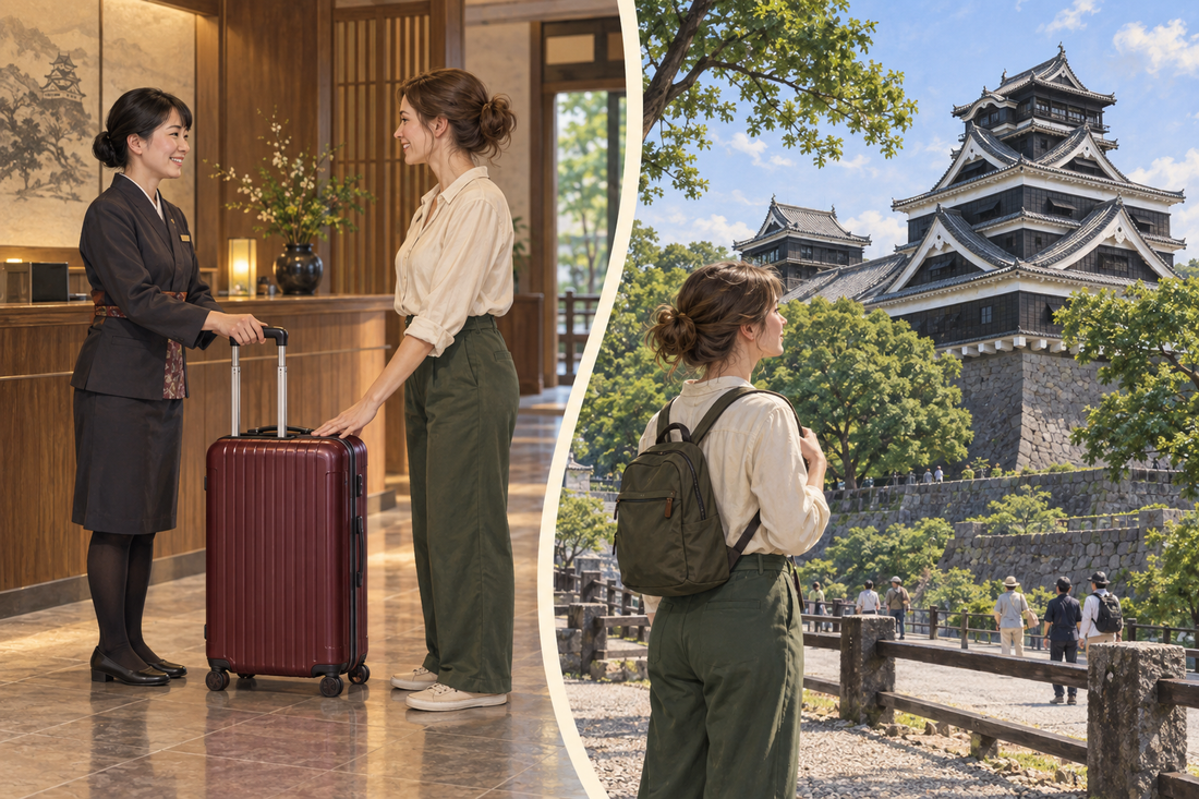 Kumamoto Castle luggage storage: leave a suitcase at the hotel and enjoy castle views with a small bag.