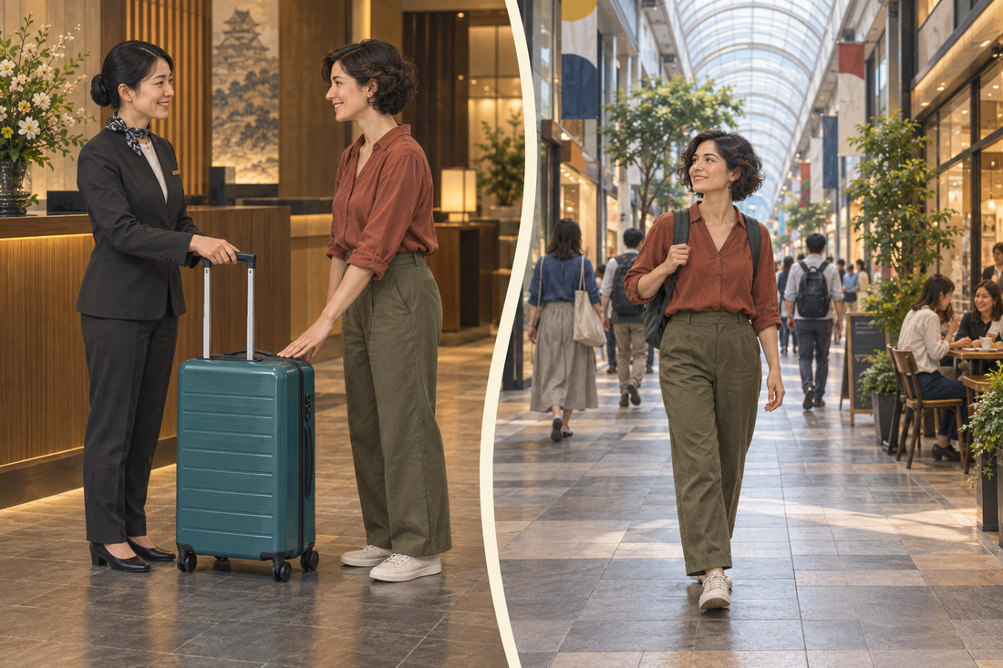 Kumamoto luggage storage: a hotel suitcase handoff followed by a city shopping stroll with a small bag.