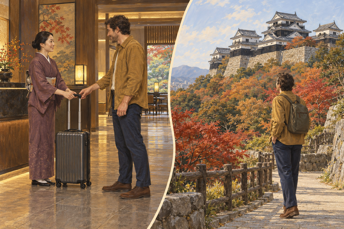 Matsuyama Castle luggage storage: send your suitcase from the hotel and enjoy the hilltop castle with a compact daypack.