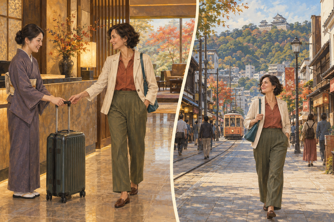 Matsuyama luggage storage: send your suitcase from the hotel and enjoy the city streets with a small shoulder bag.