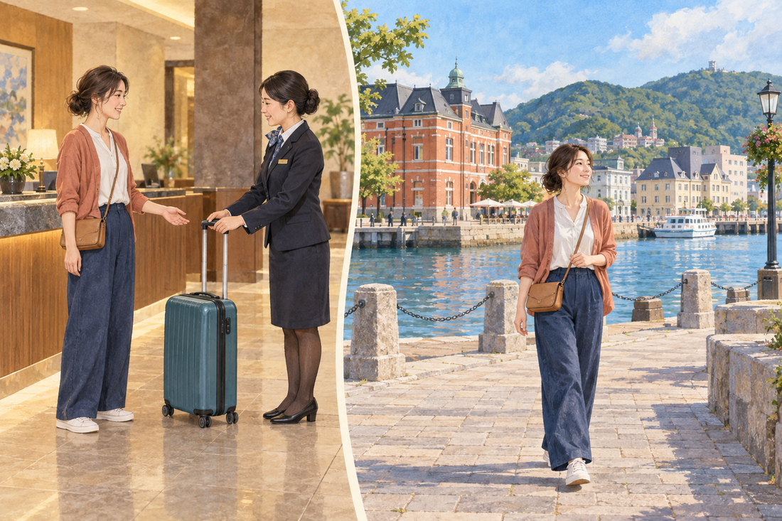 Mojiko luggage storage: send your suitcase from the hotel and explore the waterfront with a small shoulder bag.