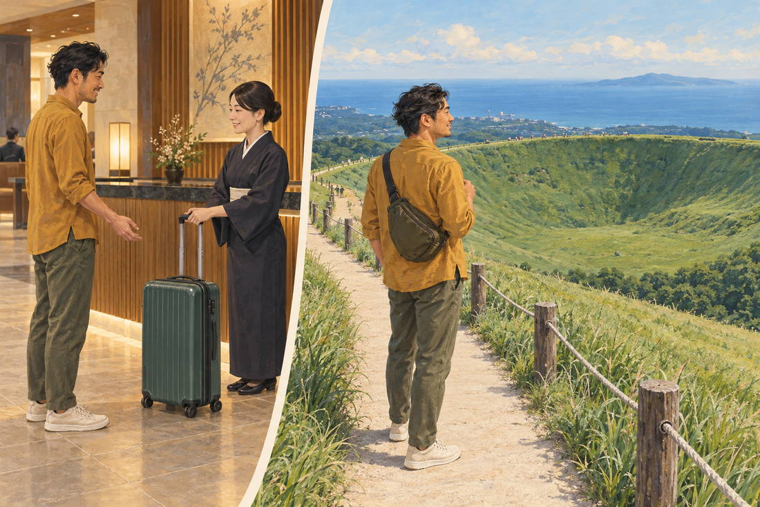 Mount Omuro: send the spare suitcase from your hotel and enjoy the crater-rim view with a small bag.