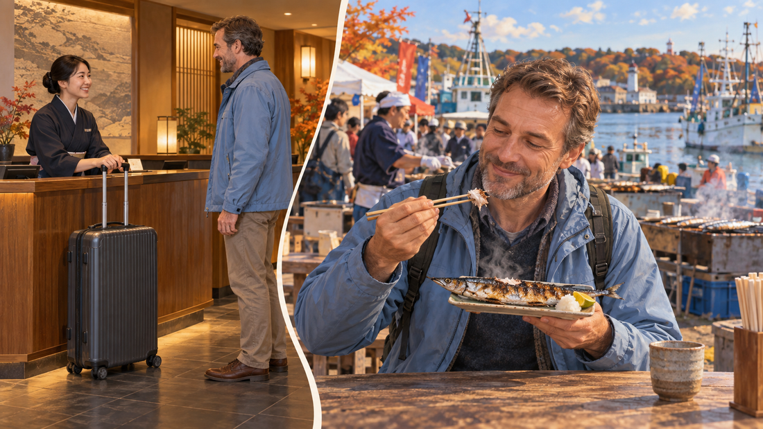 Illustration: a traveller sends a suitcase from a hotel front desk, then is shown enjoying grilled Pacific saury at a harbour gathering.