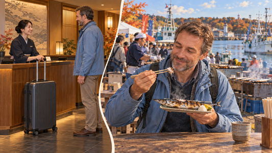 Nemuro saury festival: a traveler eats grilled Pacific saury by the fishing harbor, his suitcase sent from the hotel.