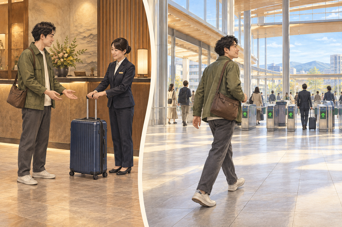 Niigata Station luggage storage: hand over the spare suitcase at your hotel and walk toward the train gates with a small shoulder bag.