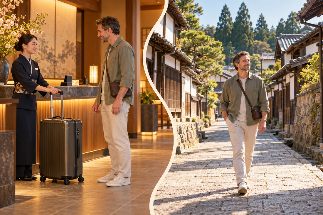 Obi Castle Town visit: hotel staff take the suitcase before the traveler enjoys historic streets with a small shoulder bag.