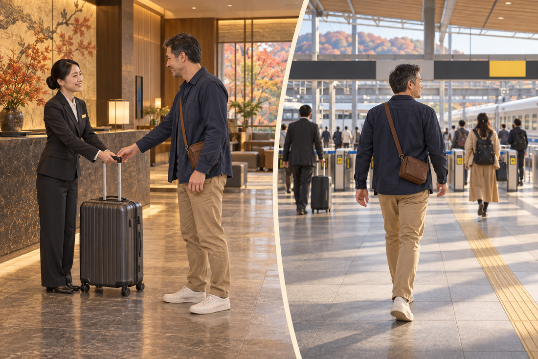 Okayama Station luggage storage: hand over the spare suitcase at your hotel and continue the rail journey with a small bag.