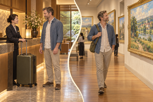 Otsuka Museum visit: hotel staff take the suitcase before the traveler explores art galleries with a small shoulder bag.