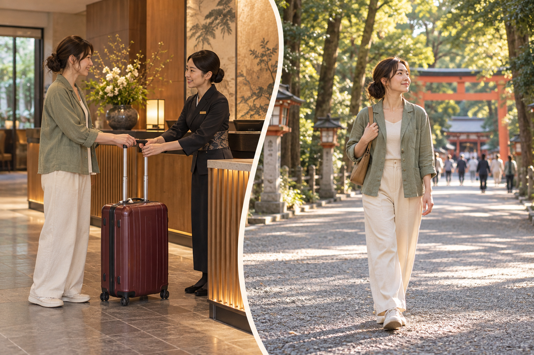 Saitama luggage storage: send your suitcase from the hotel and enjoy Omiya’s tree-lined shrine approach with a small shoulder bag.