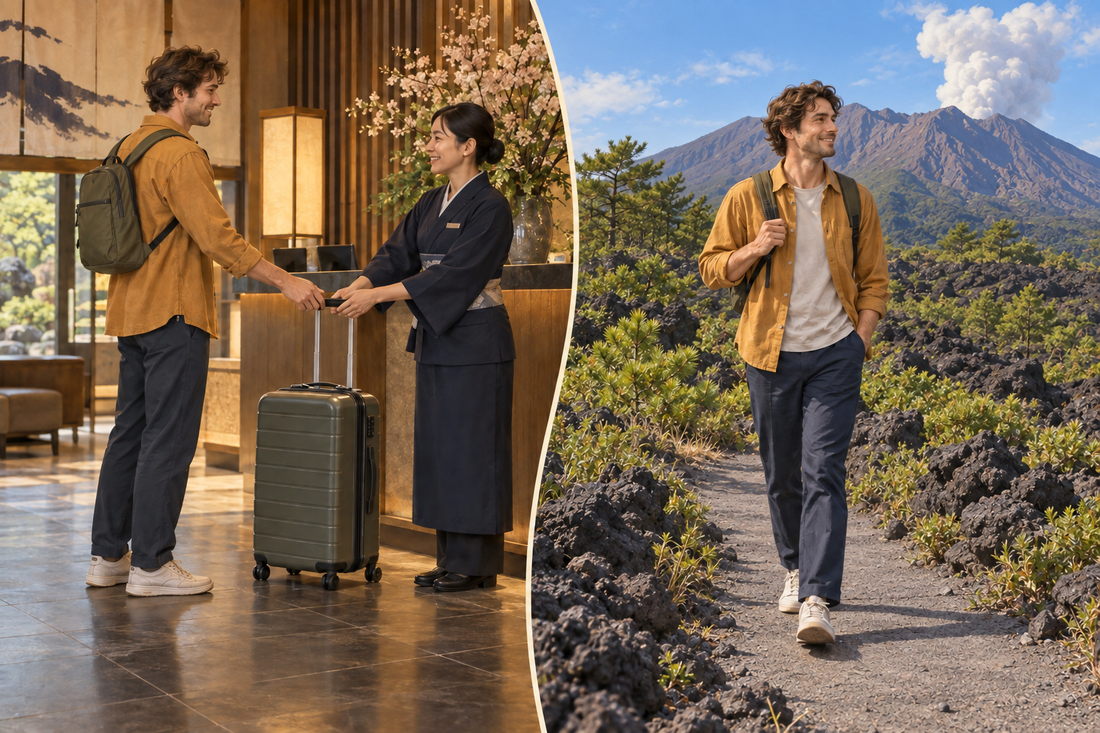 Sakurajima luggage storage: a hotel suitcase handoff followed by a walk through volcanic scenery with a compact daypack.
