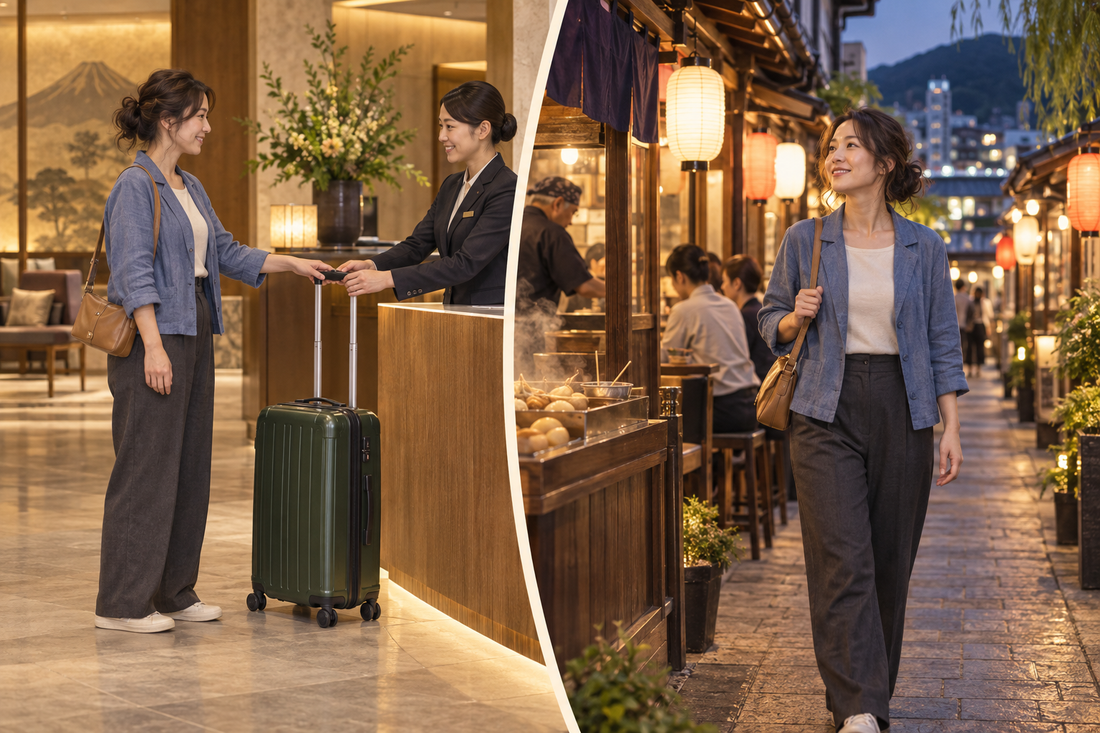 Shizuoka luggage storage: send your suitcase from the hotel and enjoy the city’s oden lanes with a small shoulder bag.