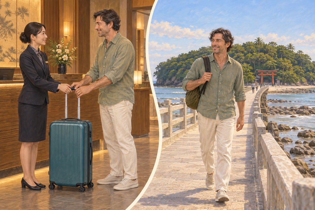 Aoshima luggage storage: send your spare suitcase from the hotel and enjoy the island approach with a smaller bag.