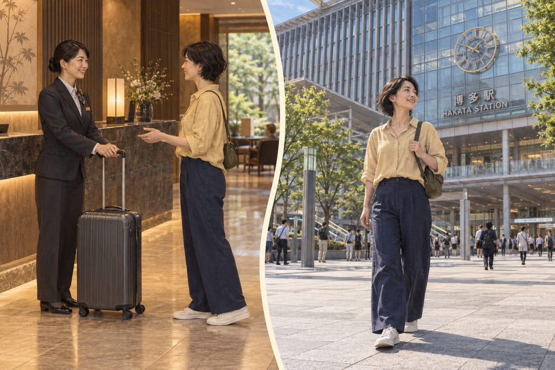 Hakata Station luggage storage: hotel staff take a floor-standing suitcase before the traveler heads to the station with a small bag.